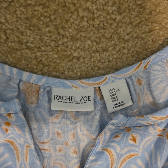 Rachel Zoe Multi Linen Tile Print Light Blue and Orange Pattern Maxi Dress Sz L - Picture 5 of 8